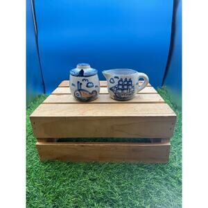 Vintage M.A. Hadley Pottery Nautical Creamer & Sugar Bowl Set - Whale & Ship